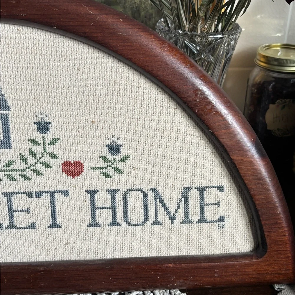 Vintage Cross-Stitch “Home Sweet Home” Arched Wooden Framed Kitchen/Entry Piece - Picture 8 of 14